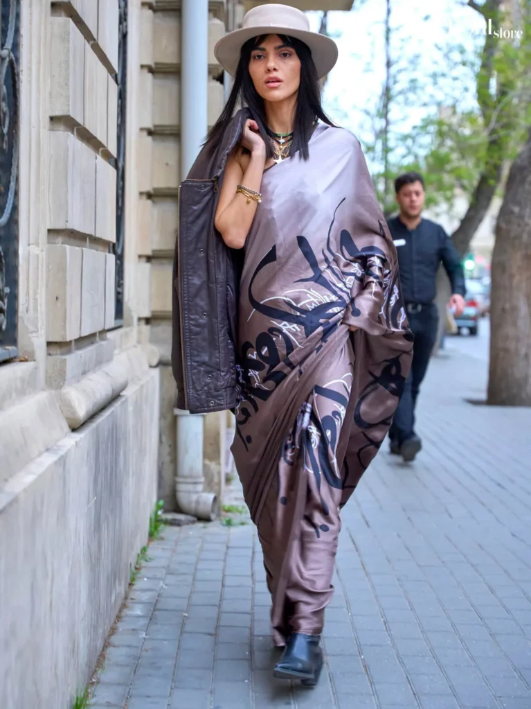 Metalic Lavender Japan Satin Printed Silk Saree - party wear saree