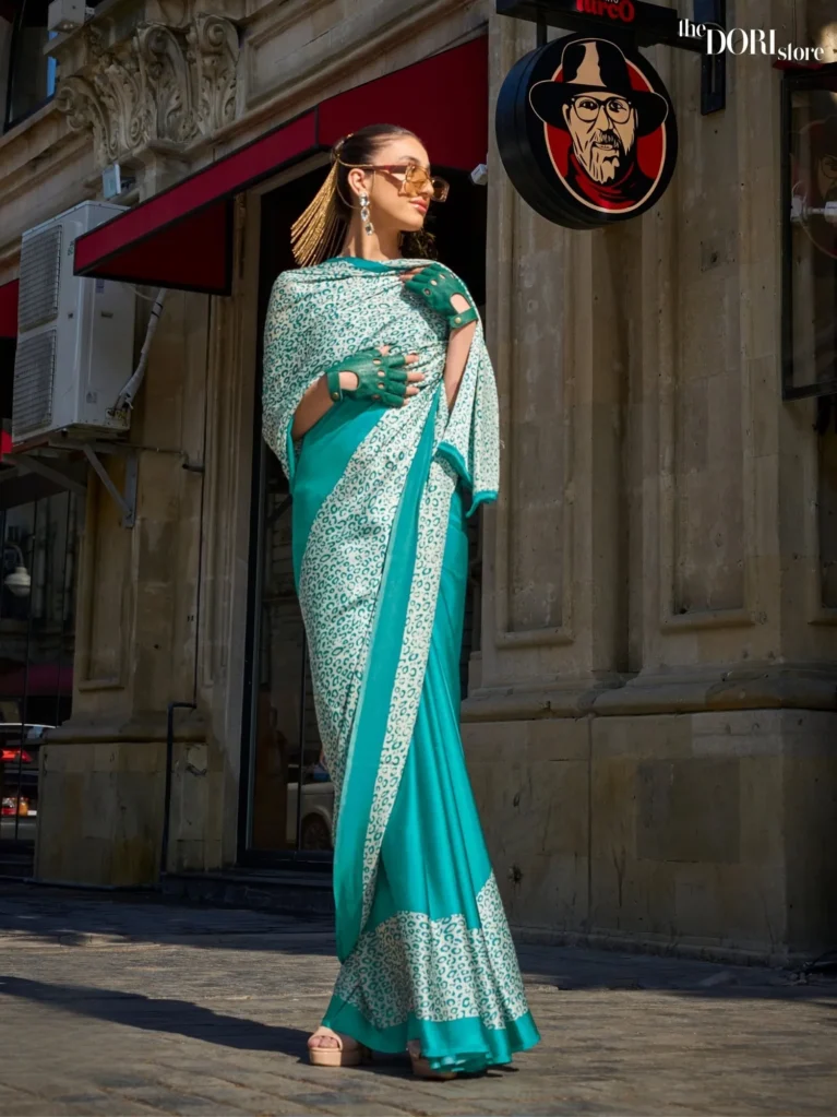 Aqua Green Printed Crepe Soft Silk Saree - party wear saree