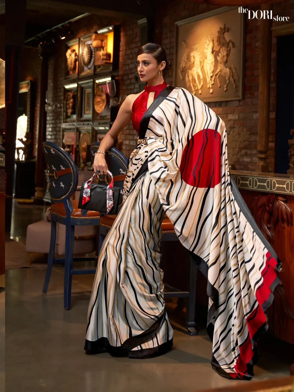 Red and CreamPrinted Japan Satin Crepe Saree - party wear saree