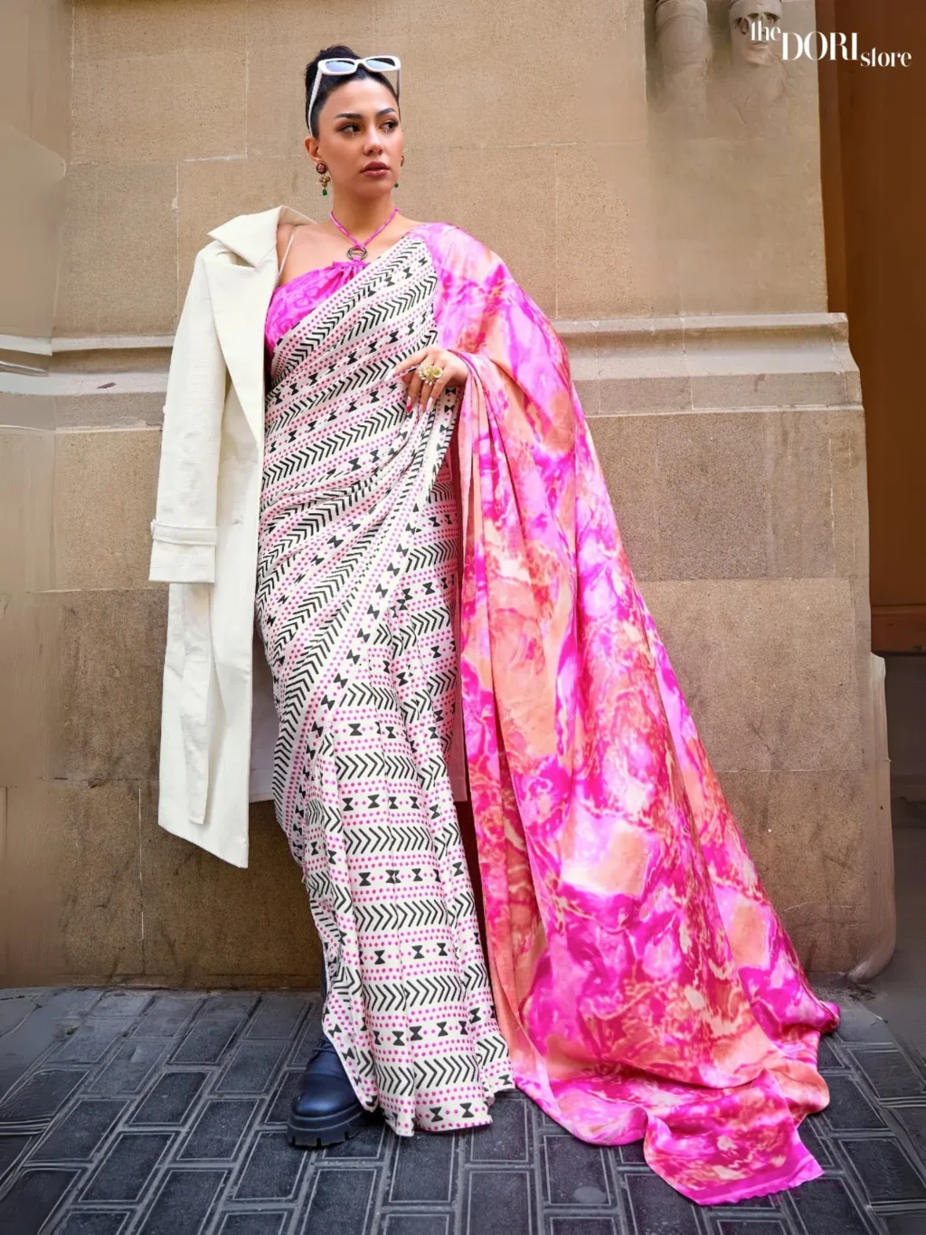 Pinkish White Satin Crepe Digital Printed Saree - party wear saree
