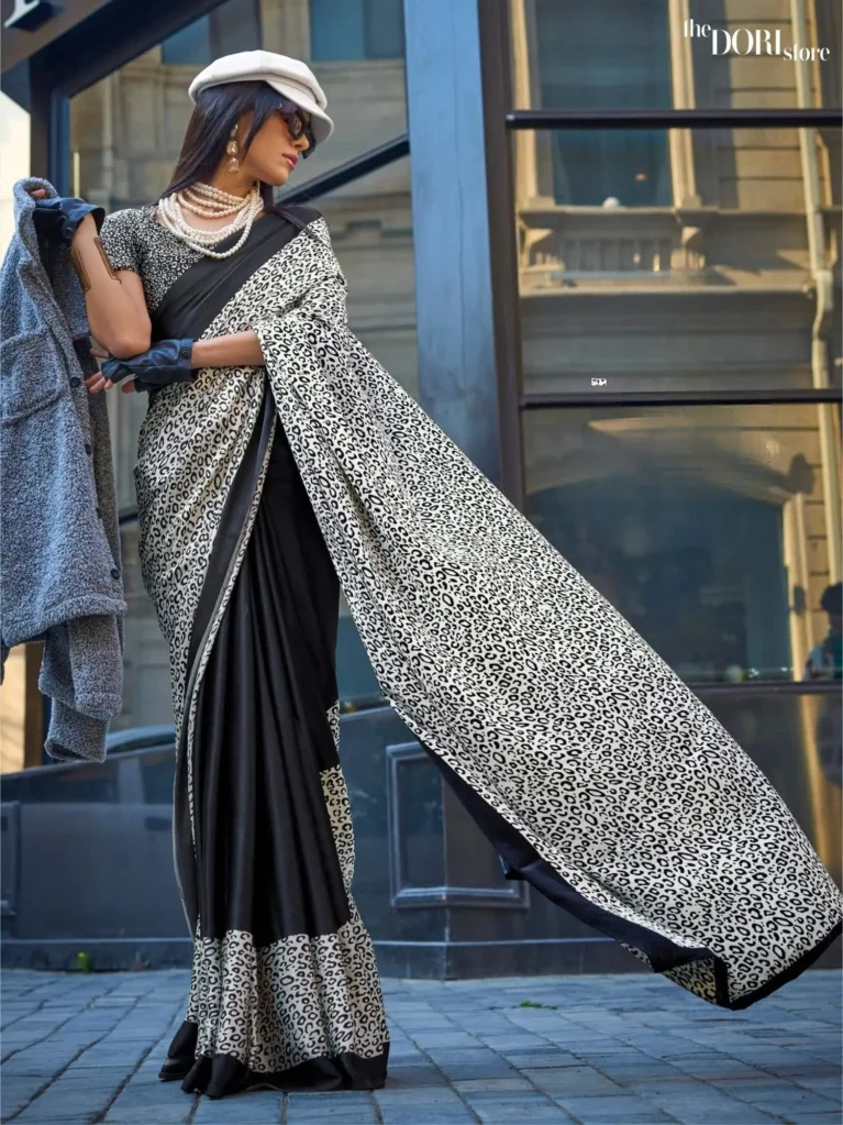 Grey and Black Printed Crepe Soft Silk Saree - party wear saree