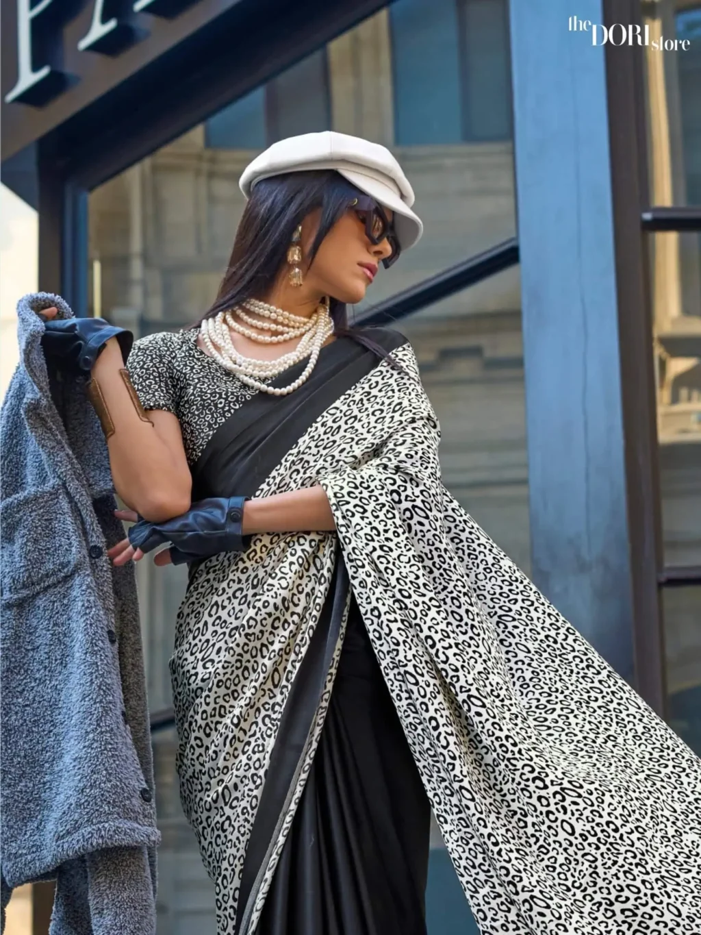 Grey and Black Printed Crepe Soft Silk Saree - Image 3