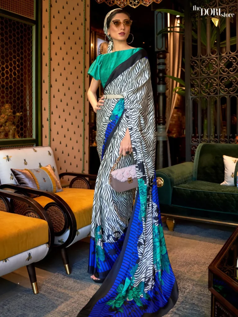 Green and Bluish White  Printed Japan Satin Crepe Saree - party wear saree