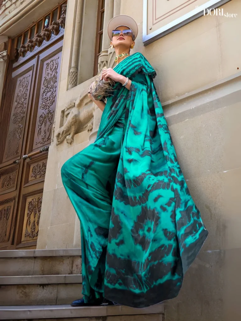 Elegant Teal Blue Satin Crepe Digital Printed Saree - party wear saree