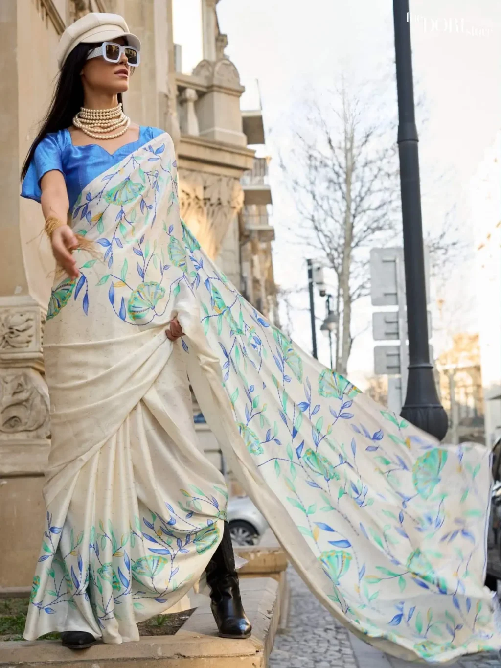 Bluish White Printed Crepe Soft Silk Saree - party wear saree