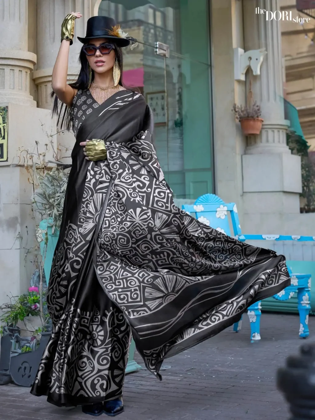 Beautiful Black Satin Printed Crepe Silk Saree - party wear saree