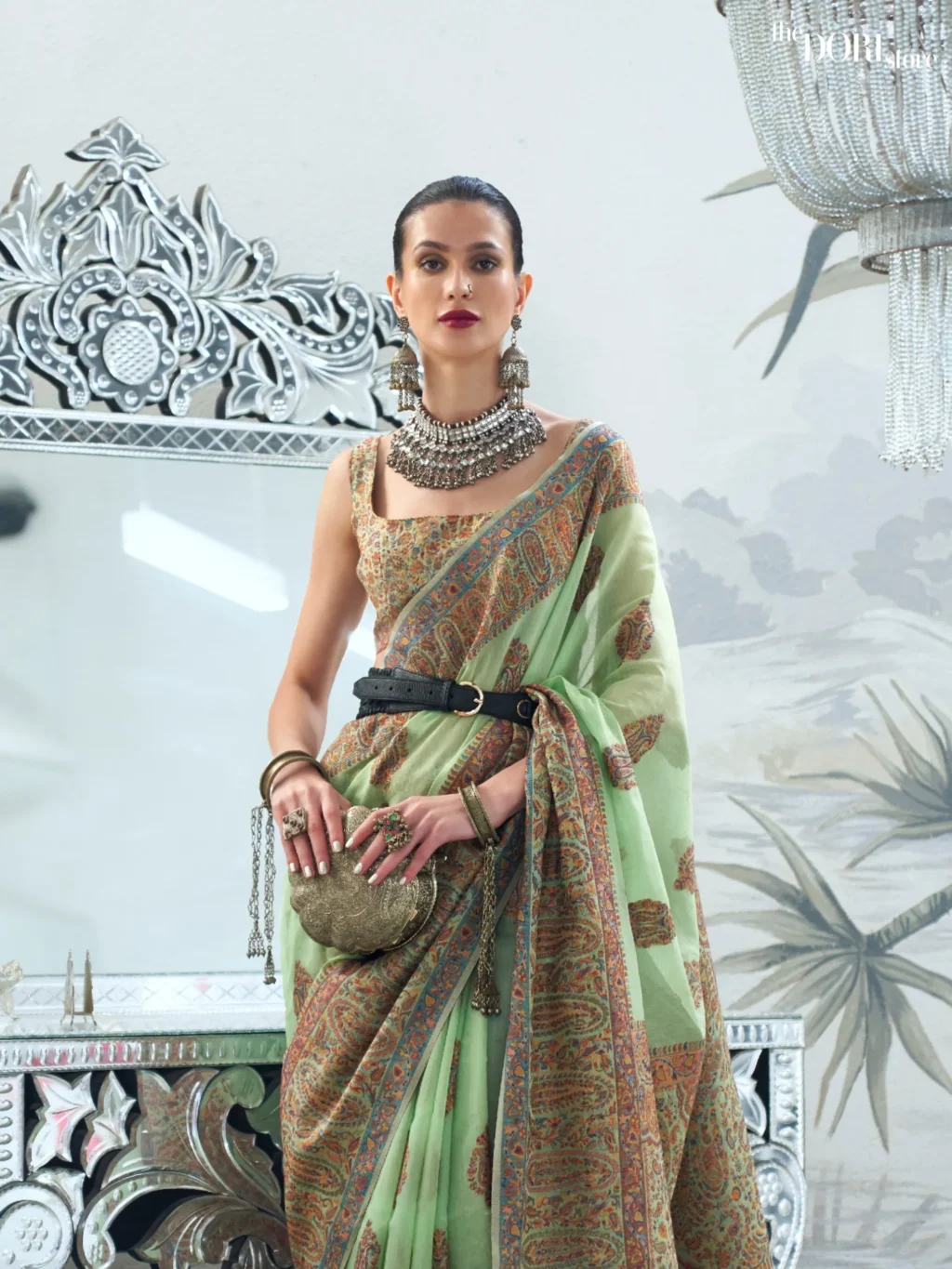 Light Green Modal Kashmiri Handloom Silk Saree - Image 3