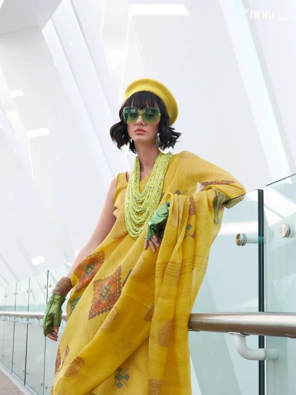 Beautiful Yellow Printed Handloom Linen Silk Saree - Image 4