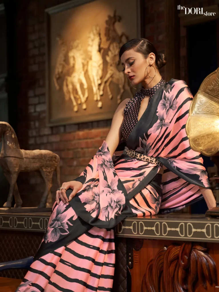 Black and Peach Printed Japan Satin Crepe Saree - party wear saree