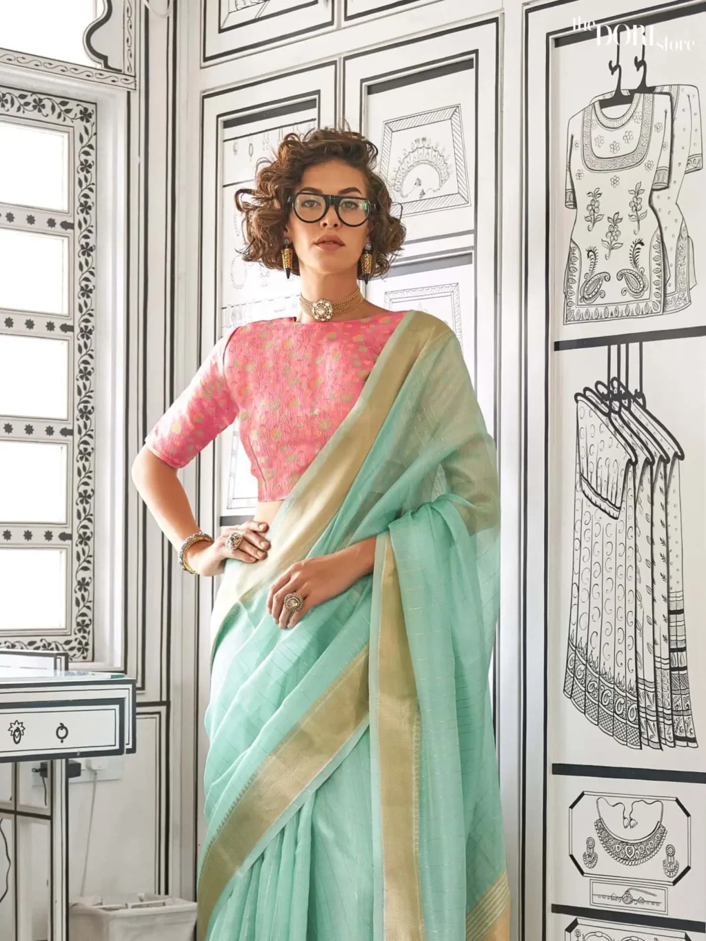 Pinkish Light Blue Moss Handloom Chiffon Silk Saree - Image 3
