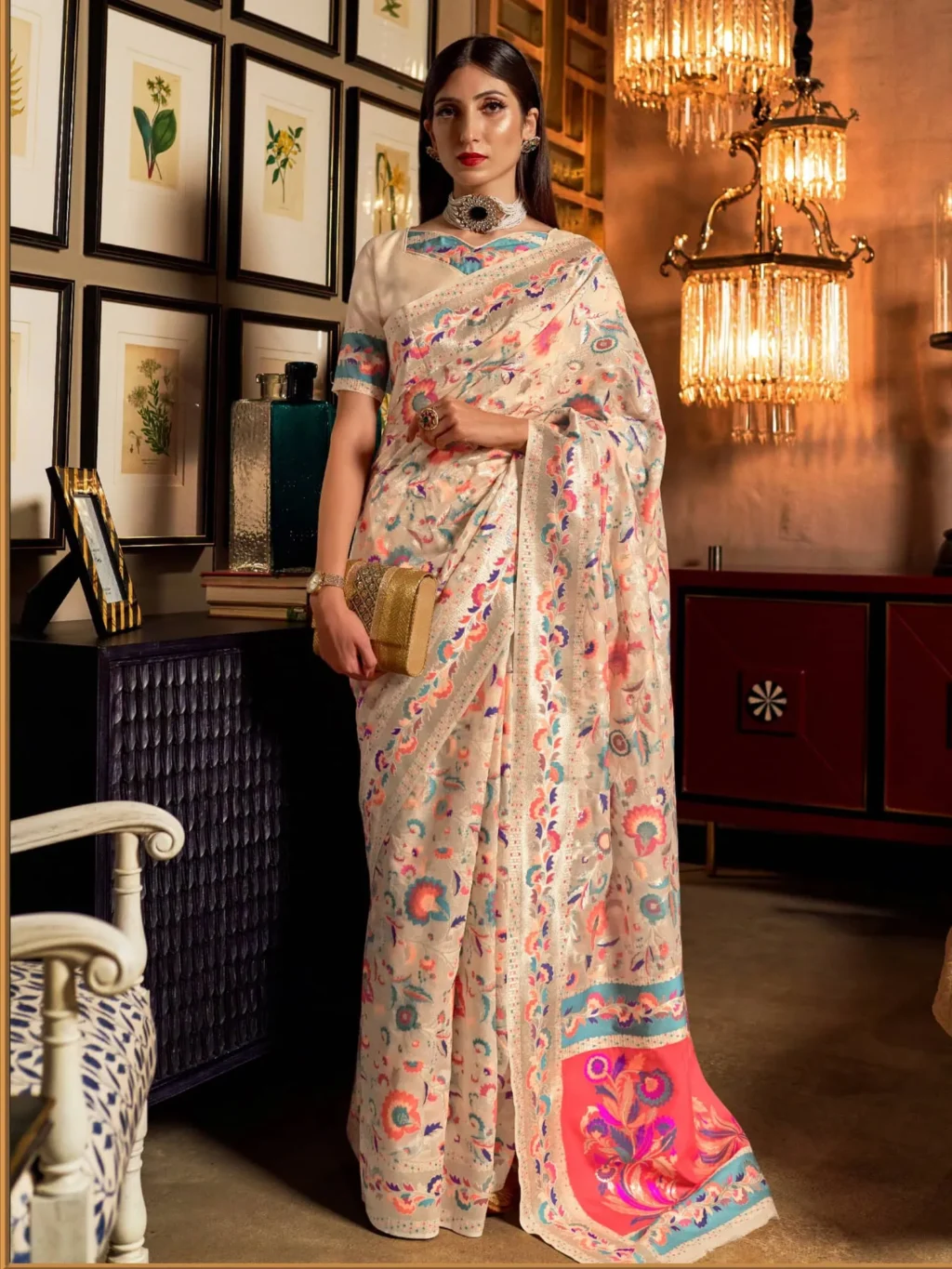 Beautiful Designer Floral Cream Kashmiri Silk Saree - party wear saree