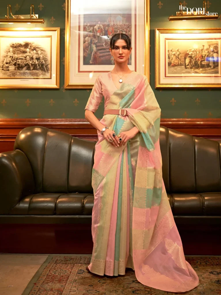 Beautiful Yellow and Pink Multicolor Organza Silk Saree - party wear saree