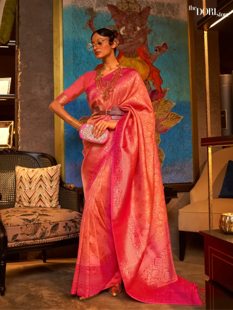 Partywear Peach Pink Banarasi Silk Saree - party wear saree