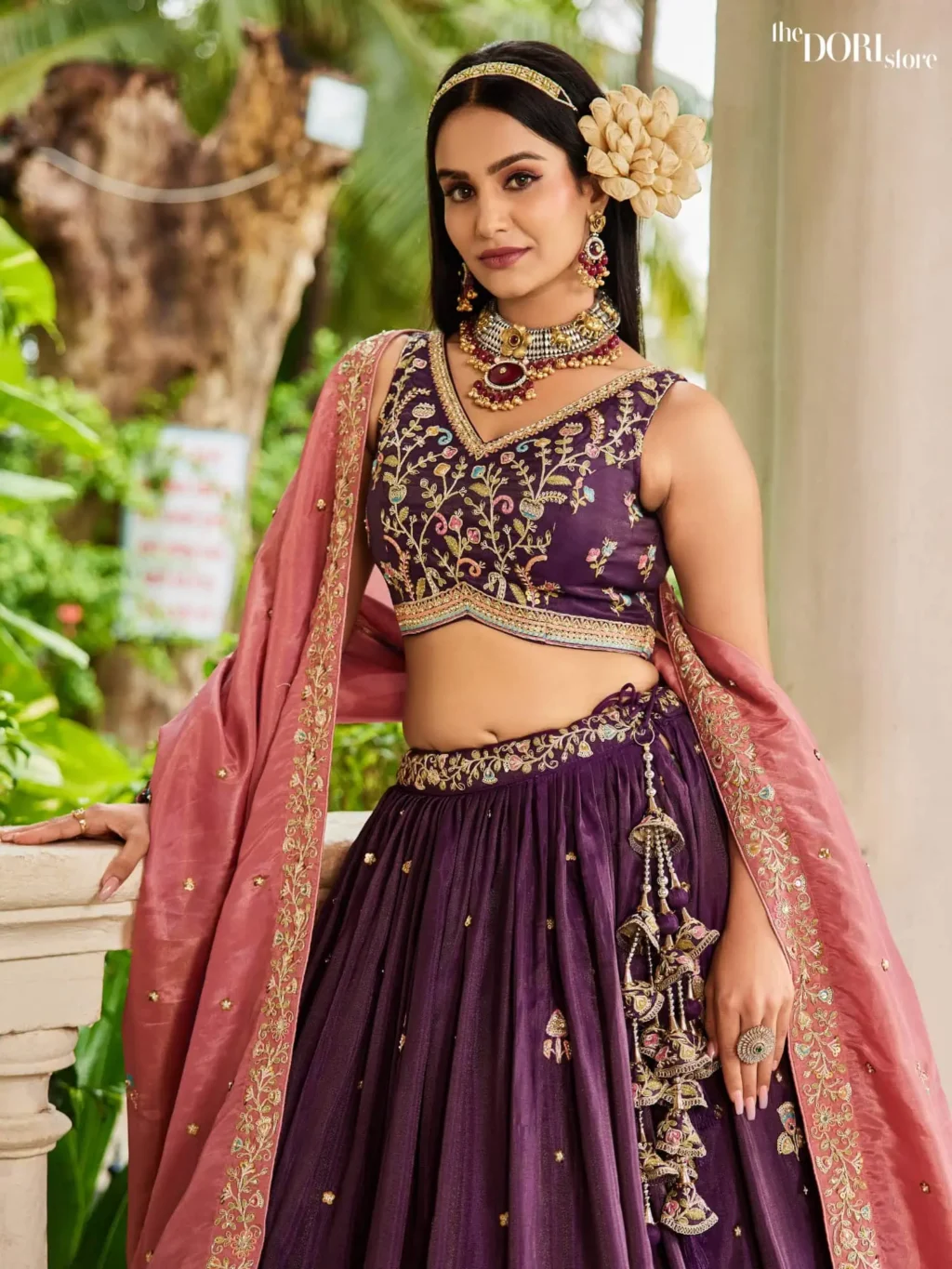 Burgundy Satin Sequinse embroidery Semi-Stitched Lehenga choli - Image 3