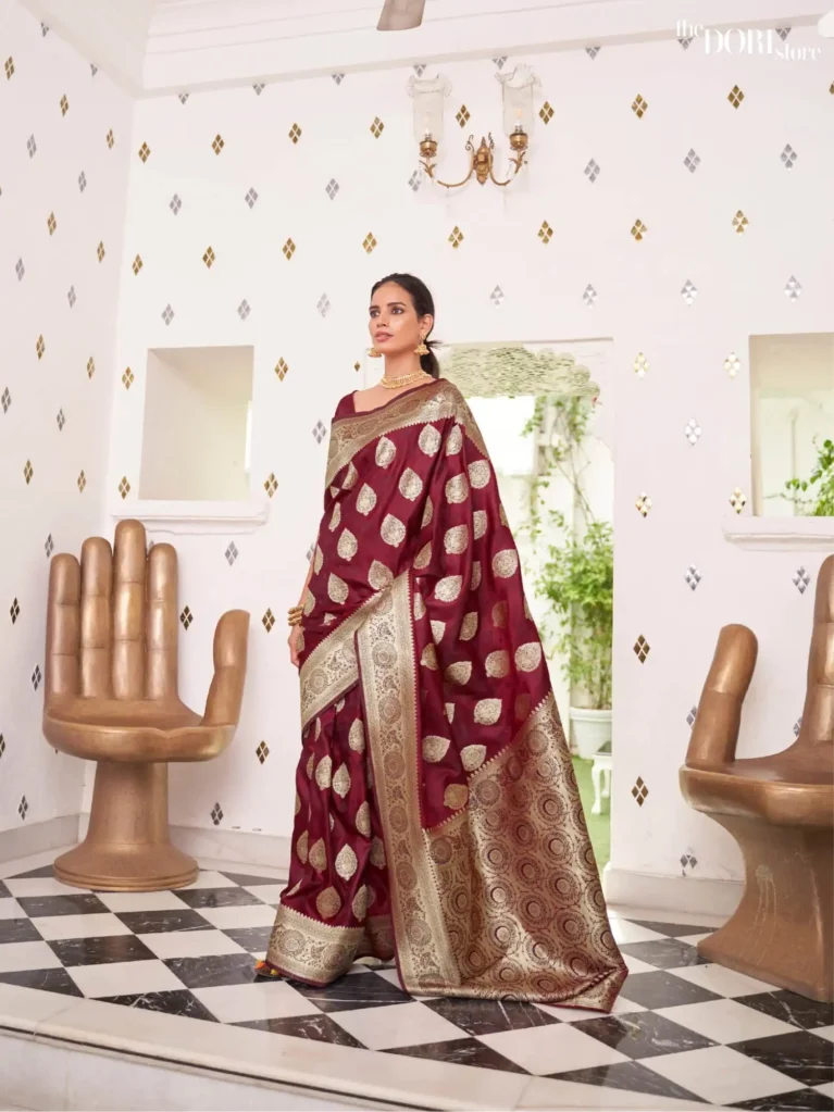 Designer Marron Banarasi Satin Silk Saree - party wear saree