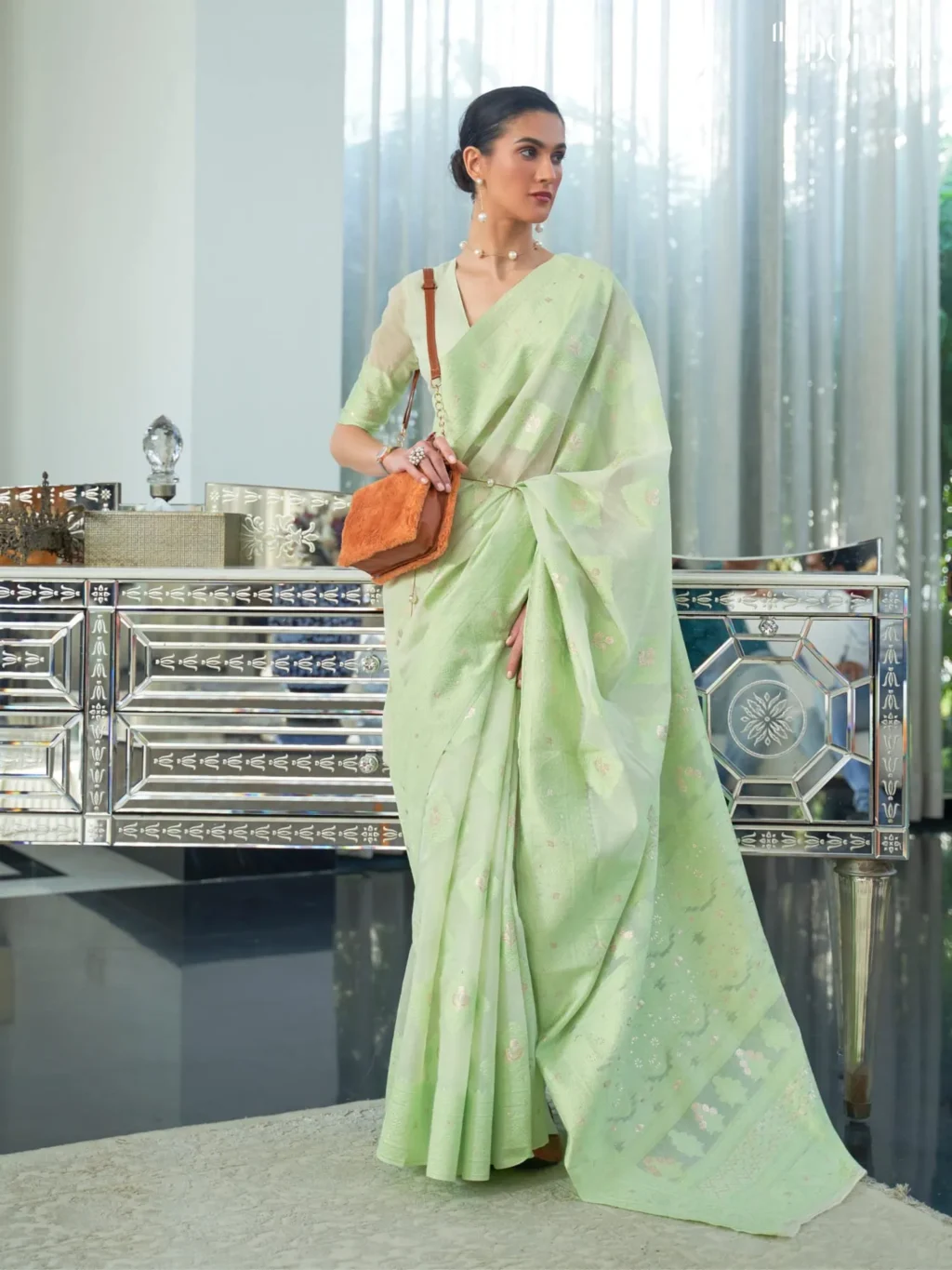 Parrot Green Chickankari Lucknowi Woven Saree - Image 2