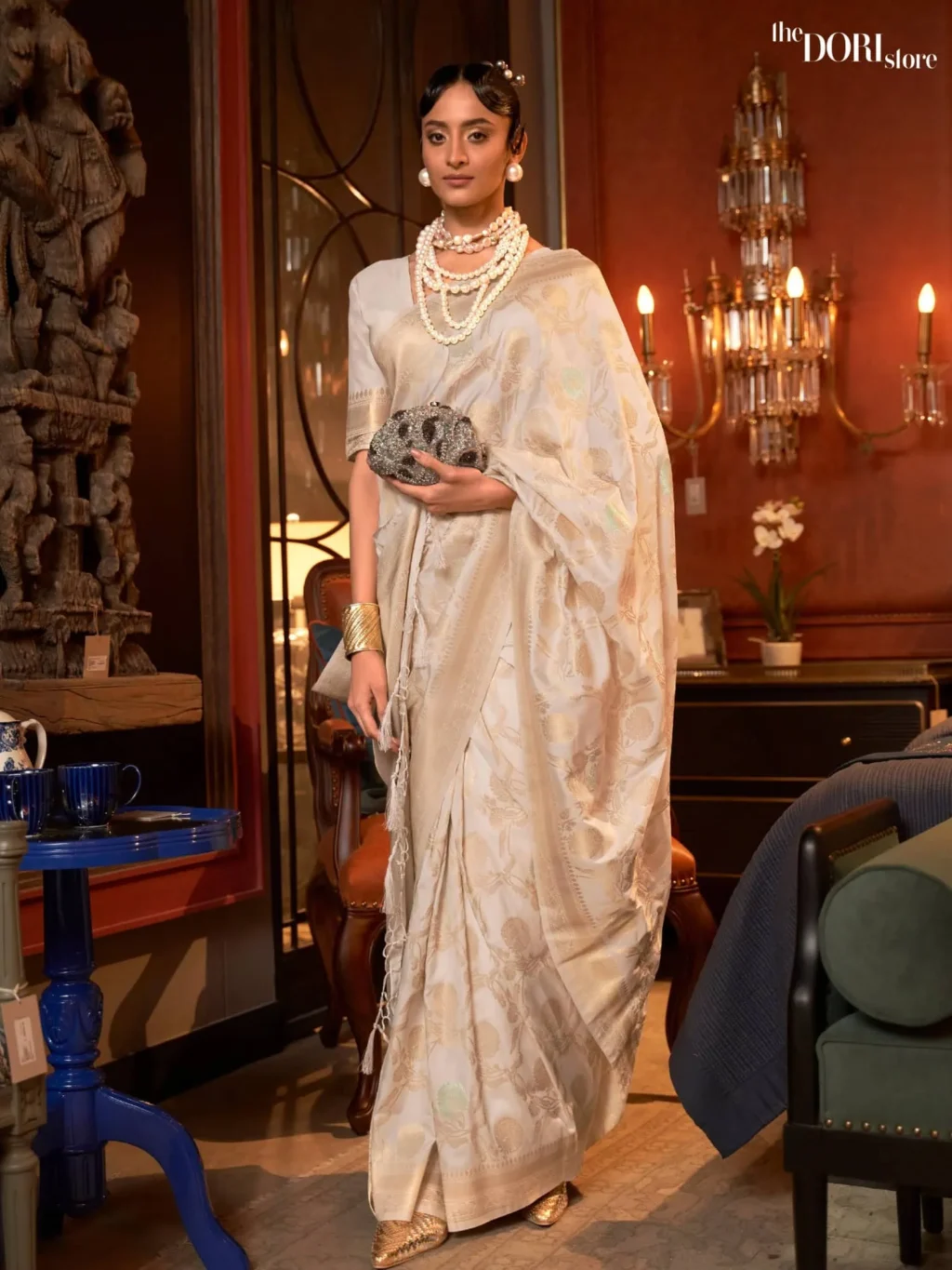 Partywear Off White Banarasi Handloom Woven Silk Saree - party wear saree