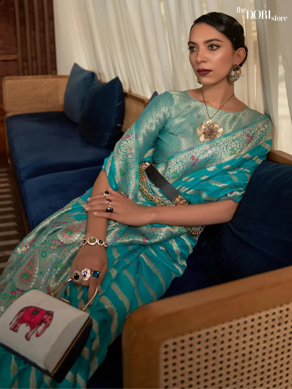 Ethnic Blue Woven Organza Silk Saree - Image 2