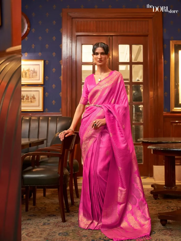 Ethnic Queen Pink Designer Satin Silk Woven Saree - party wear saree