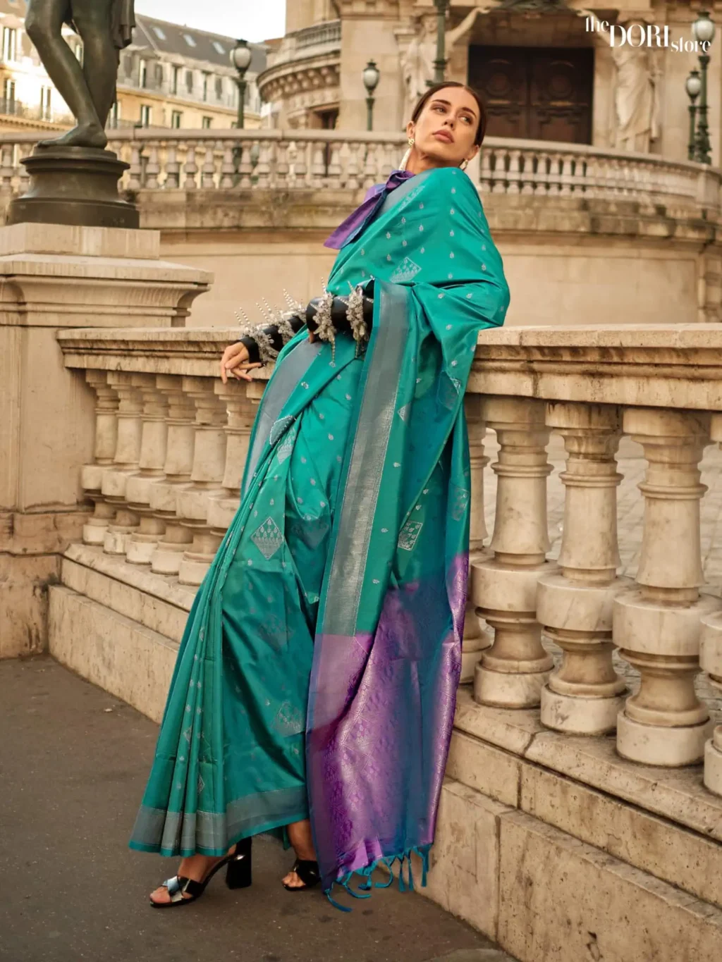 Teal Green Handloom Soft Silk Saree with Contrast Blouse  - party wear saree
