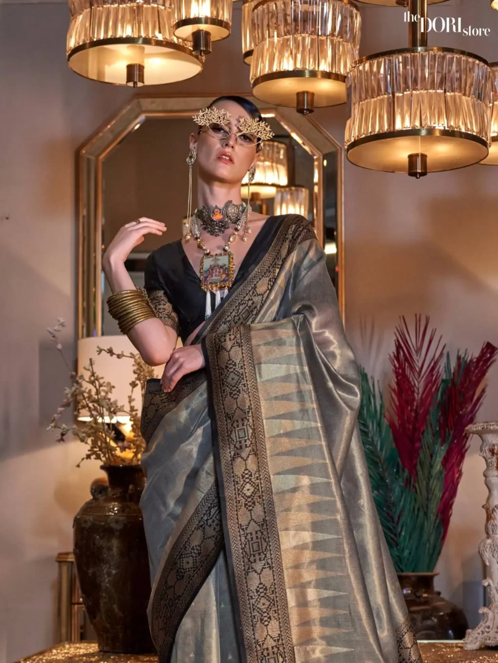 Fossil Grey Zari Handloom Tissue Silk Saree - Image 3