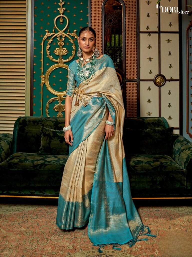 Bluish Golden Designer Kanjeevaram Silk Saree - party wear saree