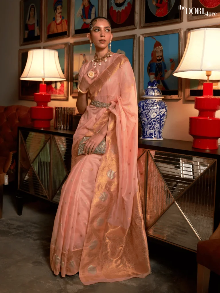 Peach Pink Designer Copper Zari Woven Silk Saree - party wear saree
