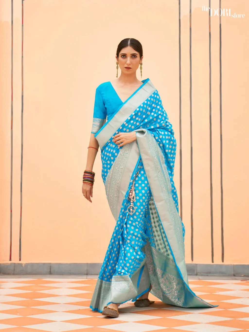 Sky Blue Nylon Handloom Georgette Silk Saree - Image 3