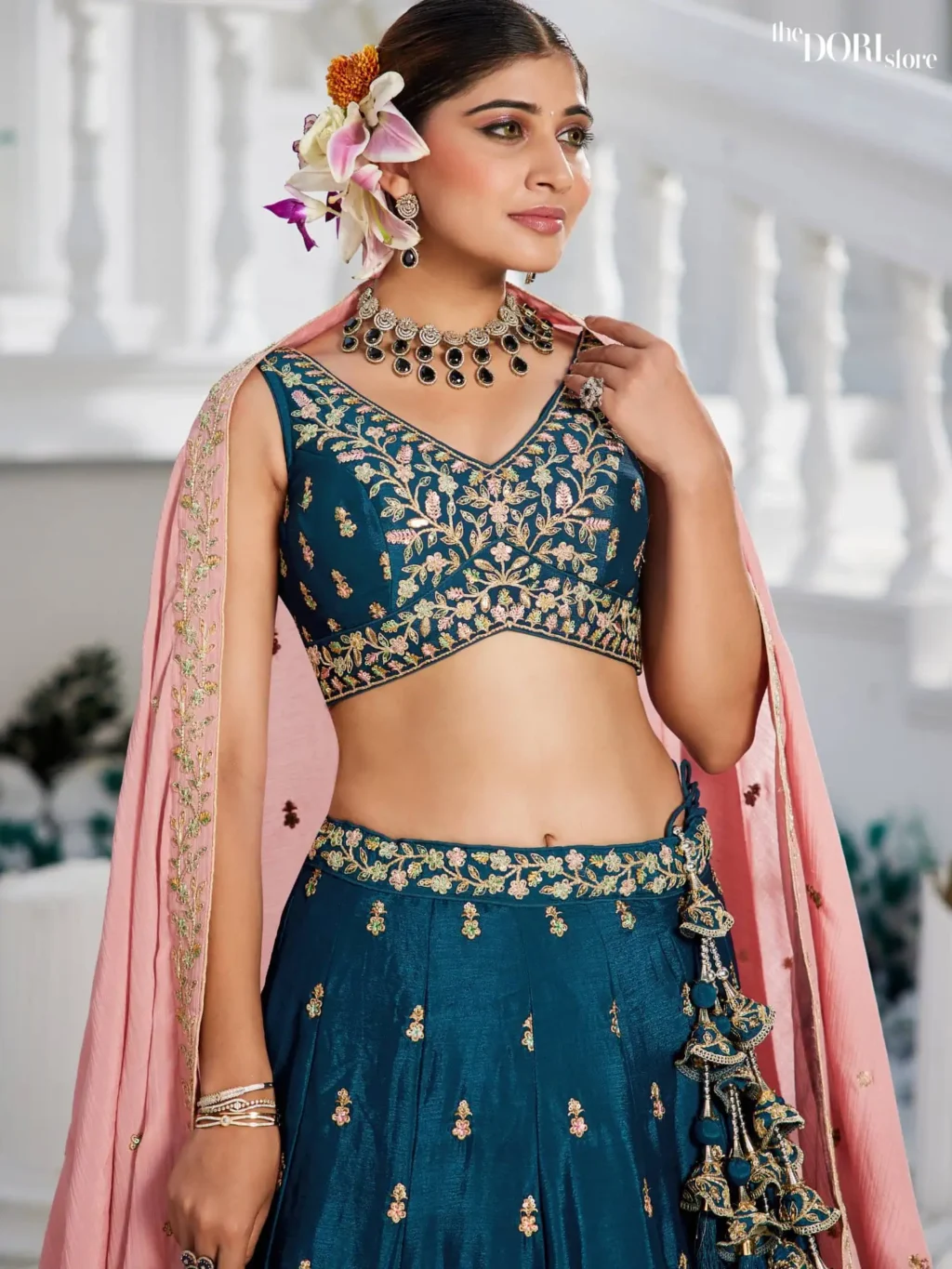 Navy Blue Chiffon Sequinse embroidery Semi-Stitched Lehenga choli - Image 4