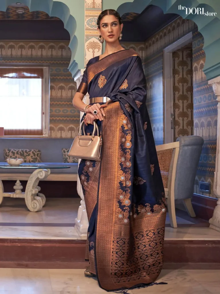 Deep Royal Blue Designer Copper Zari Tussar Silk Saree - party wear saree