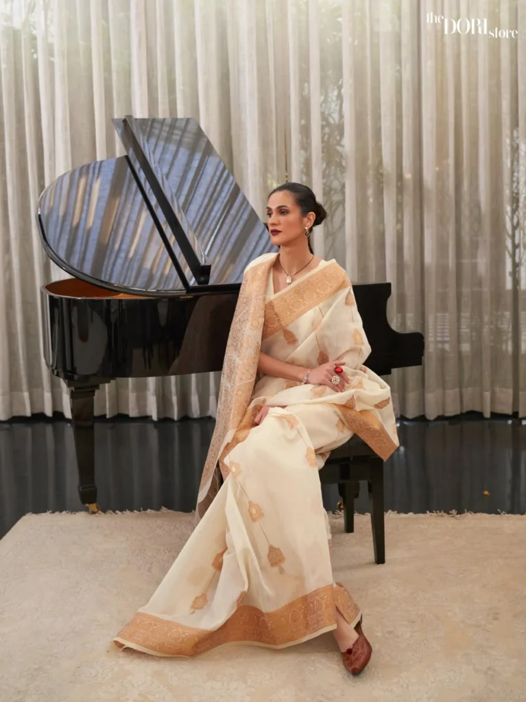 Gold White Pure Linen Festive Wear  Silk Saree - party wear saree