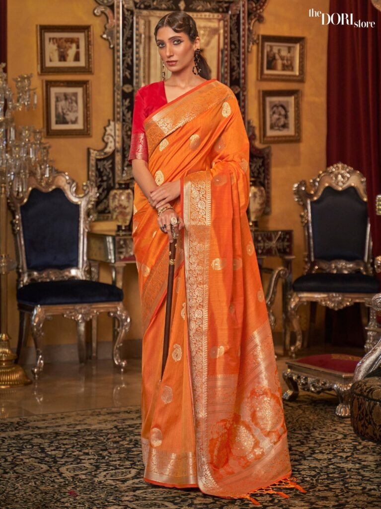 Designer Orange Banarasi Tussar Silk Saree - party wear saree