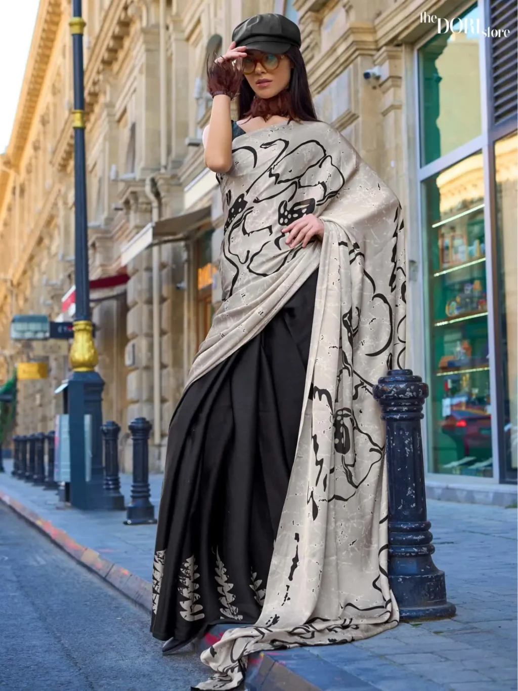 Grey and Black Printed Crepe Soft Silk Saree - party wear saree