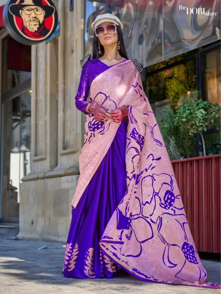 Pinkish Blue Printed Crepe Soft Silk Saree - party wear saree
