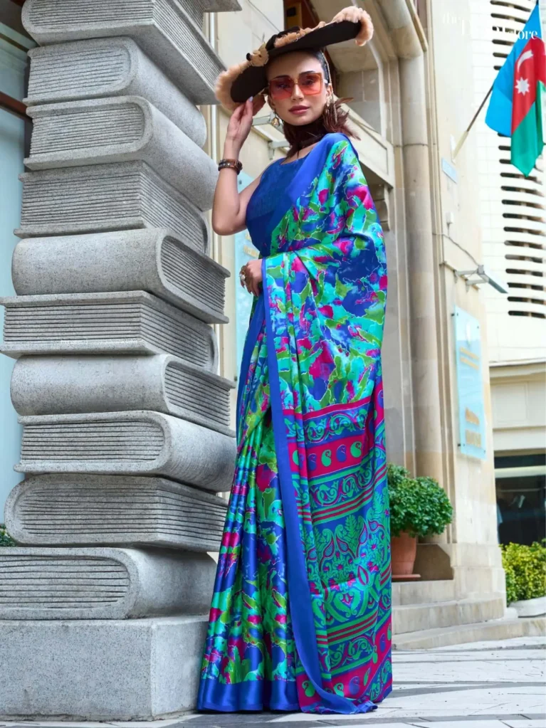 Bluish Green Satin Printed Crepe Silk Saree - party wear saree