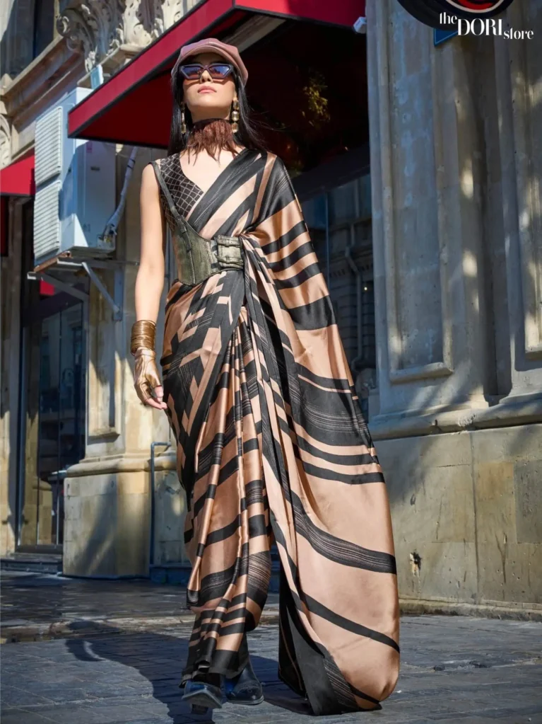 Black and Brown Printed Crepe Soft Silk Saree - party wear saree