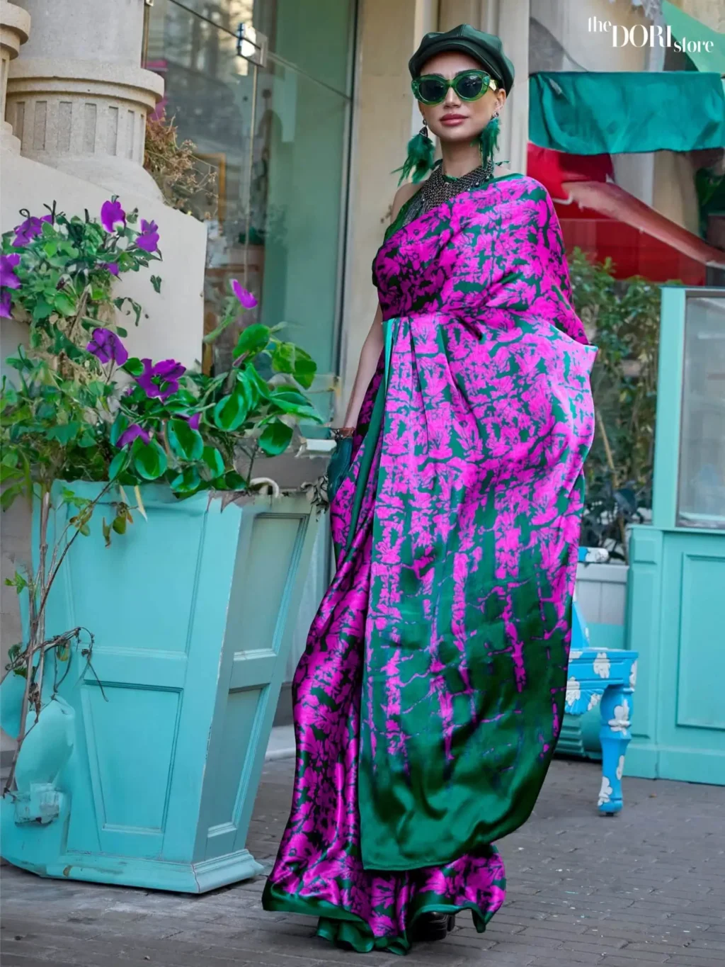 Greenish Magenta Pink Satin Printed Crepe Silk Saree - party wear saree