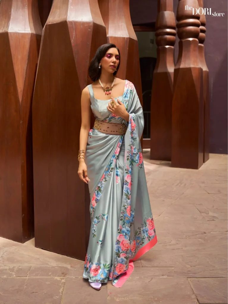 Grey Digital Print Satin Crepe Silk Saree - party wear saree