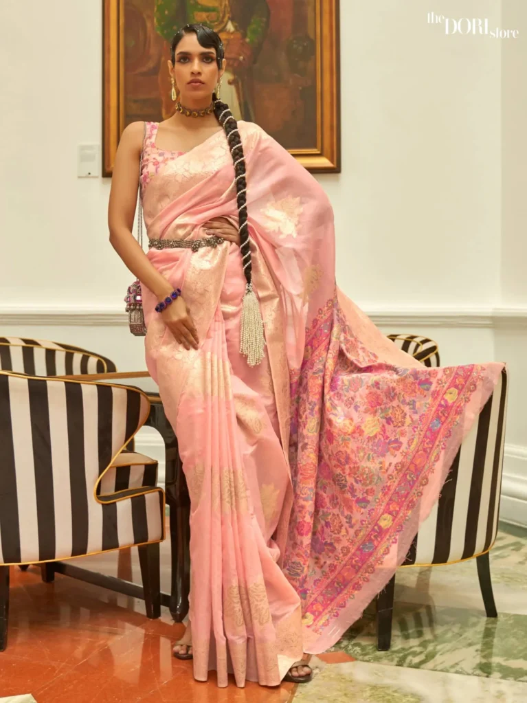 Baby Pink  Handloom Woven Silk Saree with Kashmiri Pallu - party wear saree