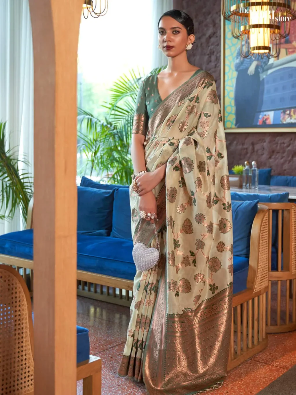 Olive Green Floral Organza Shimmer Silk Zari Woven Saree - party wear saree
