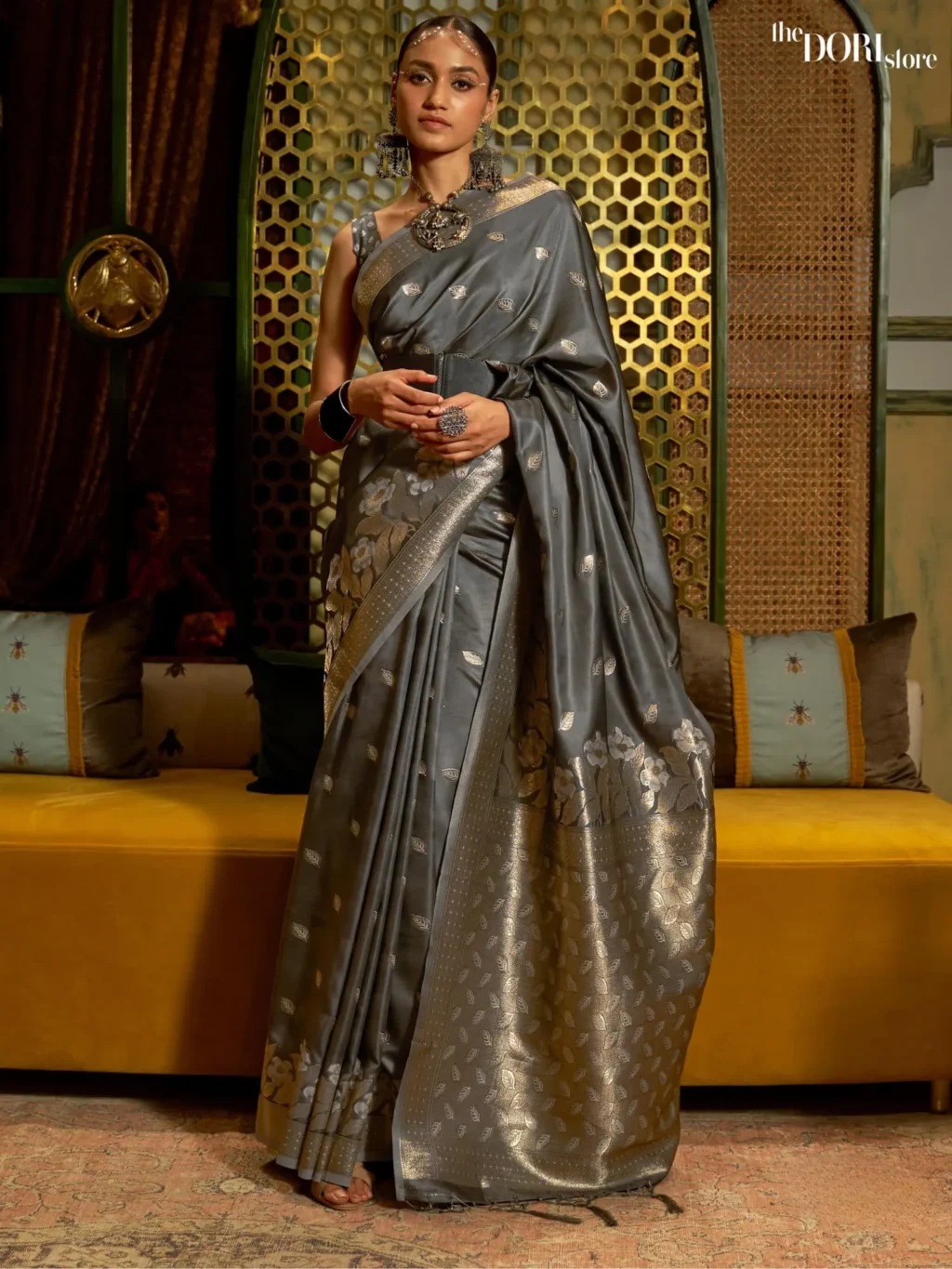 Partywear Dark Grey Banarasi Satin Silk Saree - party wear saree