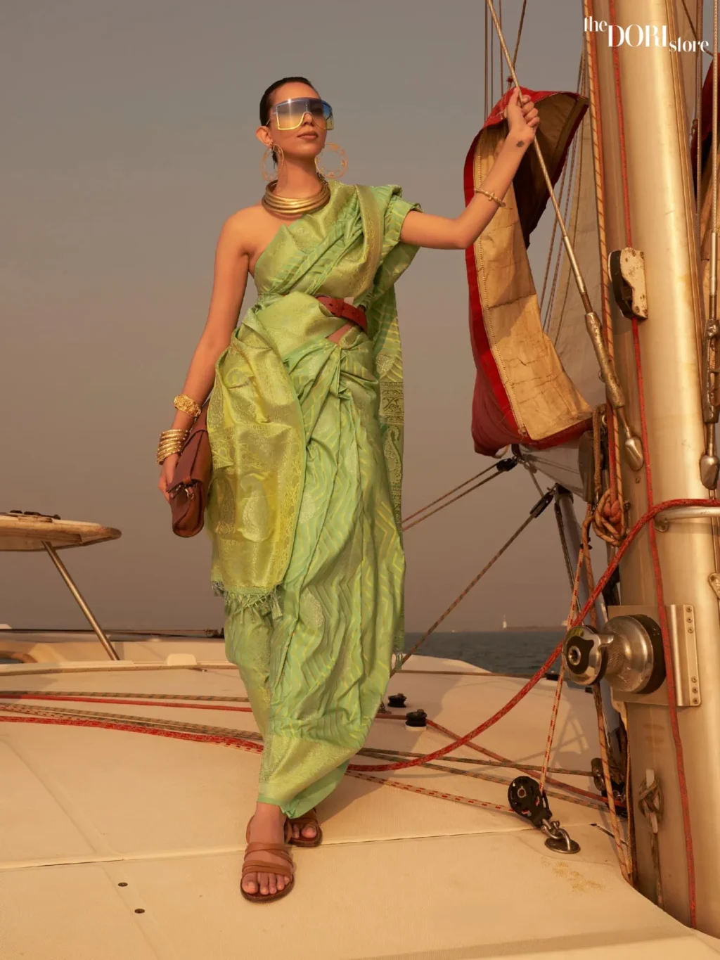 Partywear Dual Tone Ight Green Satin Silk Saree - party wear saree