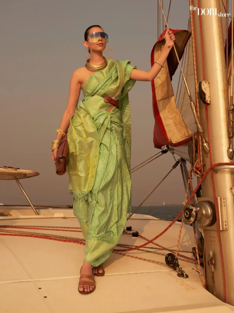 Partywear Dual Tone Ight Green Satin Silk Saree - party wear saree