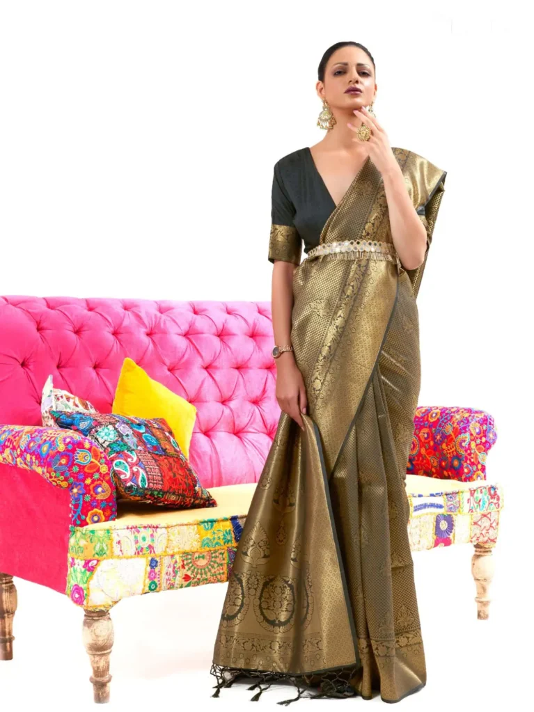 Golden Black  Kanjeevaram Woven Silk Saree - party wear saree