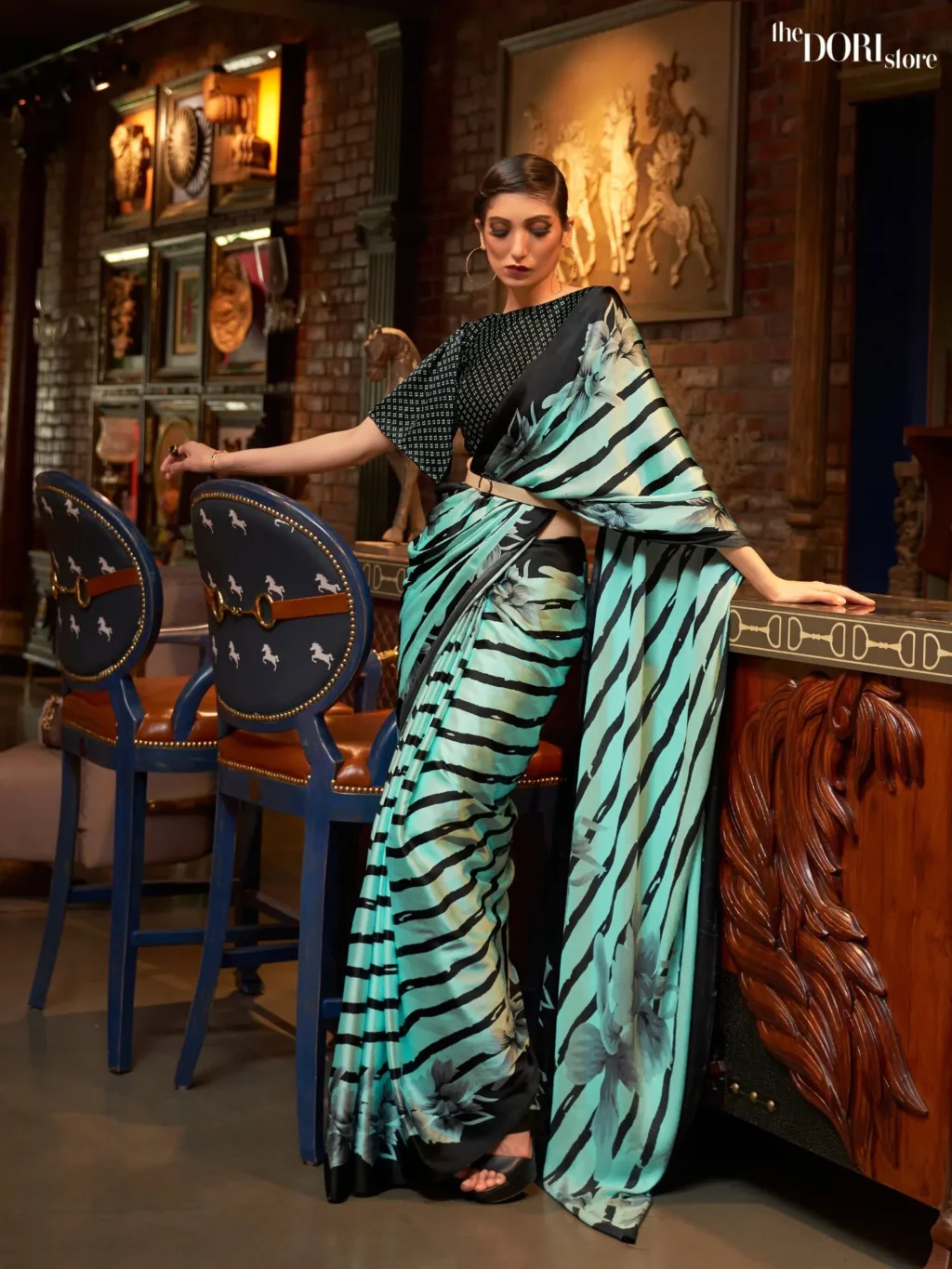 Sea Green Printed Japan Satin Crepe Saree - party wear saree