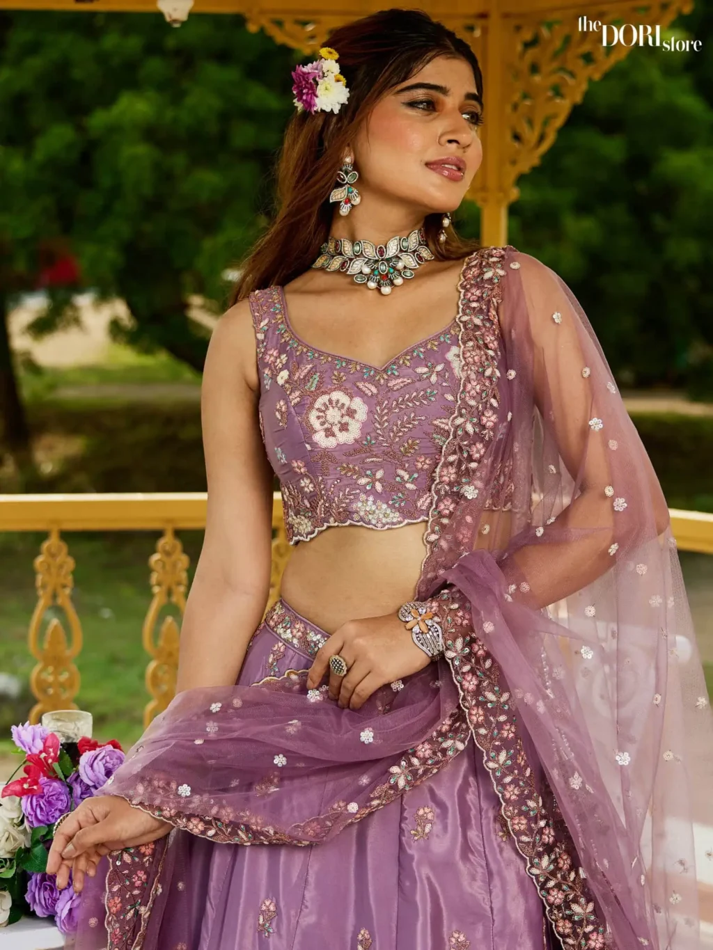 Purple Satin Sequinse embroidery Semi-Stitched Lehenga choli - Image 3