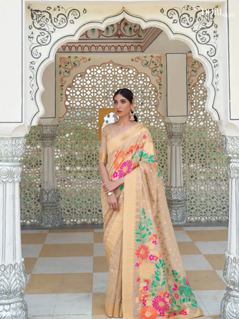 Royal Creamish Golden Floral Linen Saree - party wear saree