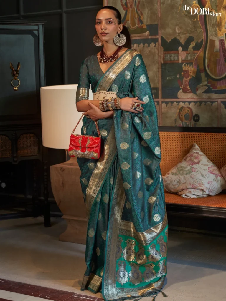 Ethnic Teal Green Pure Satin Partywear Banarasi Silk Saree - party wear saree