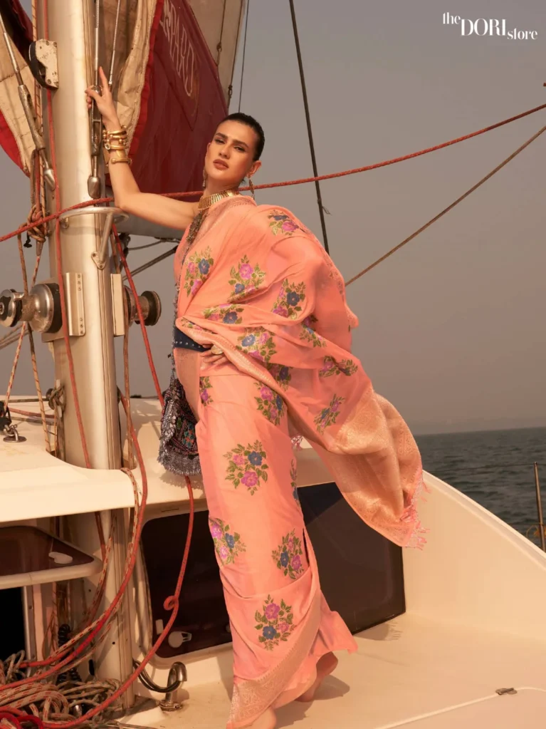 Salmon Pink Floral Print Chinon Silk Saree - party wear saree