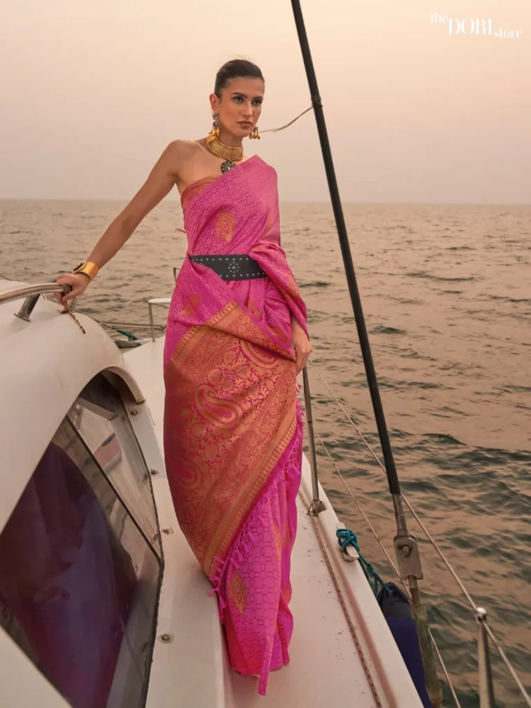 Rosy Pink Handloom Festive Wear Satin Silk Saree - party wear saree